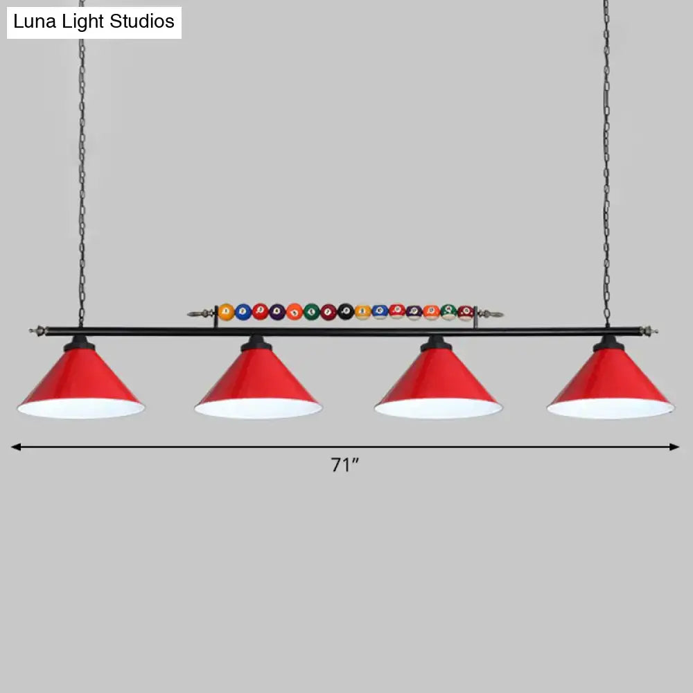 Red conical pendant ceiling light with white interior metal frame featuring colorful pool balls for e26 e27 bulbs