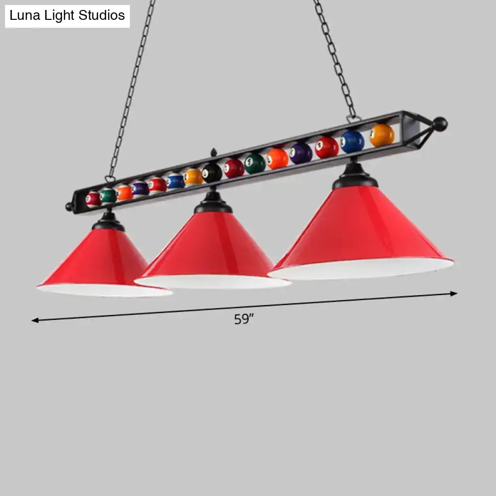 Decorbites™ iron linear island ceiling light with red cone shade metal frame and e26 e27 sockets with billiard ball accents