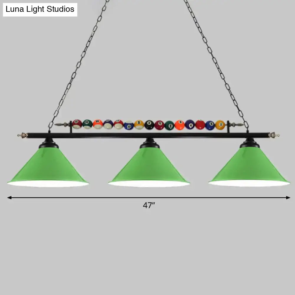 DecorBites™ iron linear island ceiling light with green conical shade metal frame and e26 e27 sockets with billiard balls