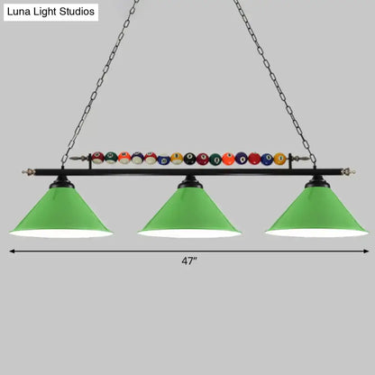 DecorBites™ iron linear island ceiling light with green conical shade metal frame and e26 e27 sockets with billiard balls