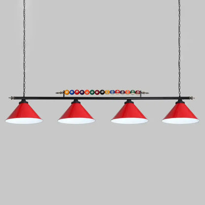 Decorbites™ iron linear island ceiling light with red conical metal frame shades and e26 e27 sockets over pool table