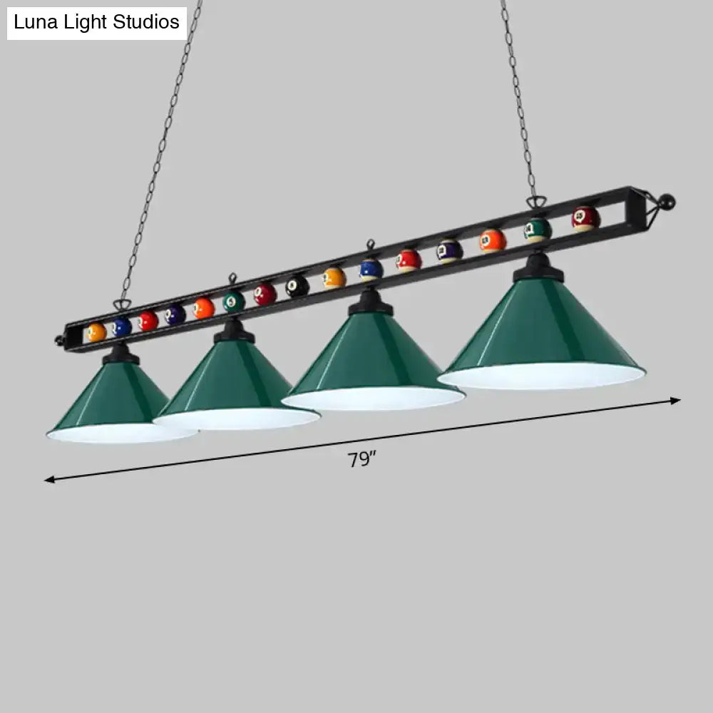 DecorBites iron linear island ceiling light with 79-inch green conical metal frame and e26 e27 bulb sockets suspended by chains