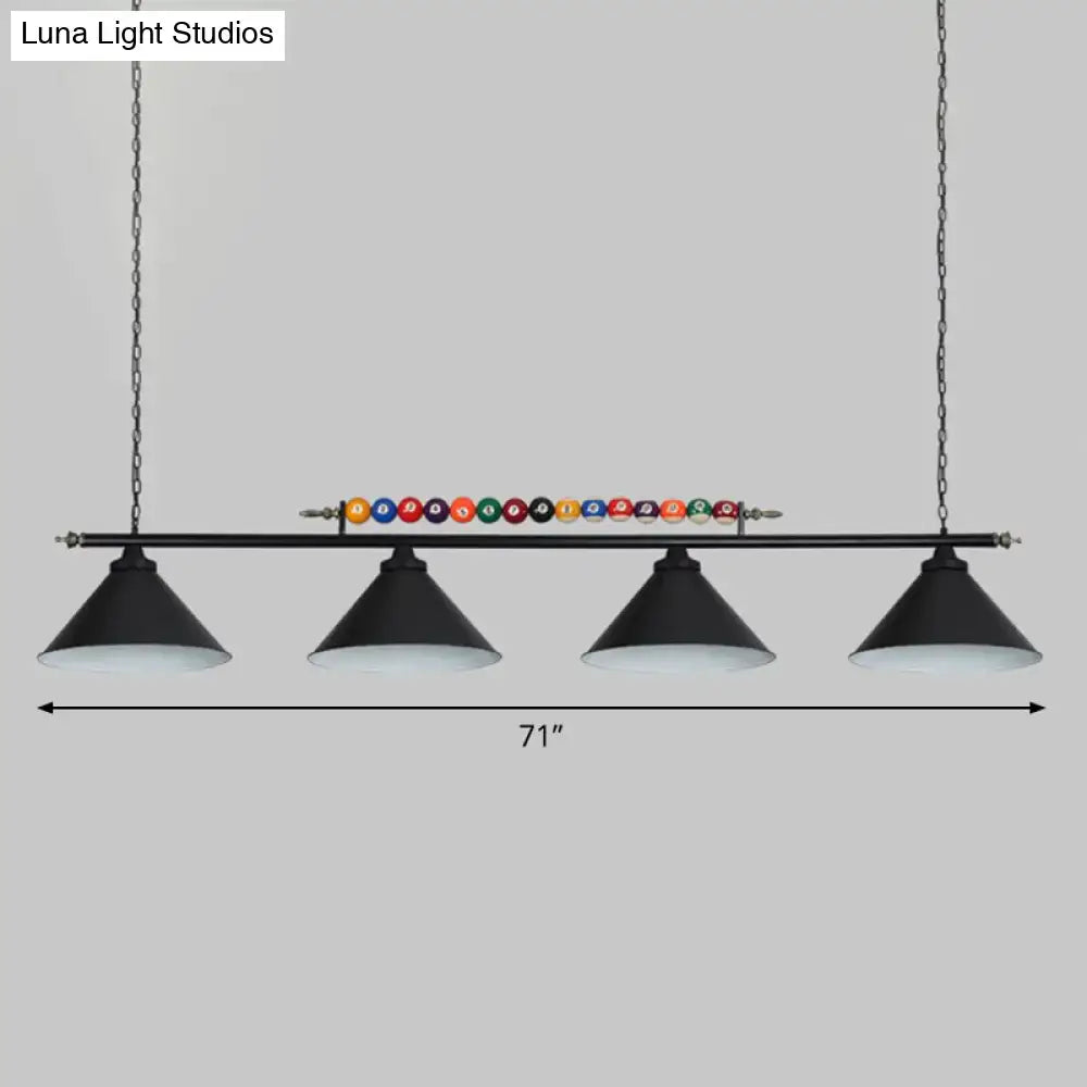 Decorbites™ iron linear ceiling light with black metal frame, four cone shades, and colorful billiard balls, e26 e27 compatible