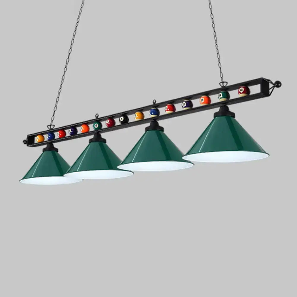 Decorbites iron linear island ceiling light with green conical shades, metal frame, chain suspension, and colorful billiard balls, e26 e27 compatible