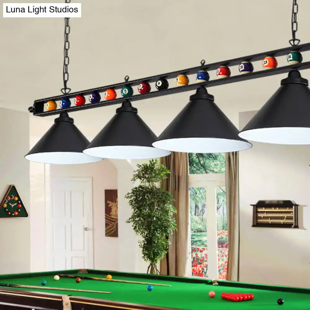 DecorBites™ iron linear island ceiling light with black metal frame, four conical shades, and e26 e27 sockets