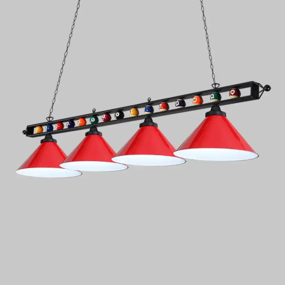 Decorbites™ iron linear island ceiling light with red conical metal frame shades and e26 e27 sockets suspended by chains