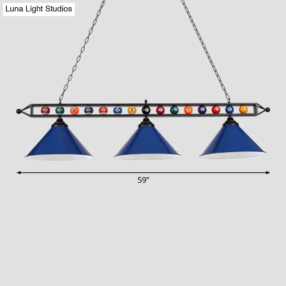 Decorbites iron linear island ceiling light with blue conical shades white interiors metal frame and e26 e27 sockets