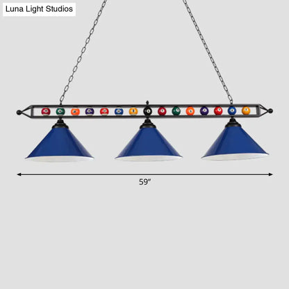 Decorbites iron linear island ceiling light with blue conical shades white interiors metal frame and e26 e27 sockets