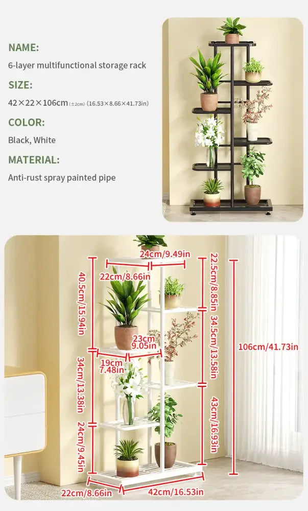 Black 6-layer multifunctional iron plant stand with anti-rust spray painted pipes for multiple pots storage