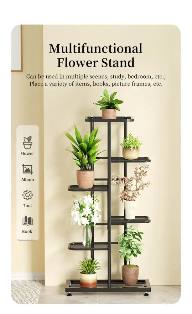 DecorBites™ black metal iron plant stand with five tiers holding terracotta and white pots for multiple plants