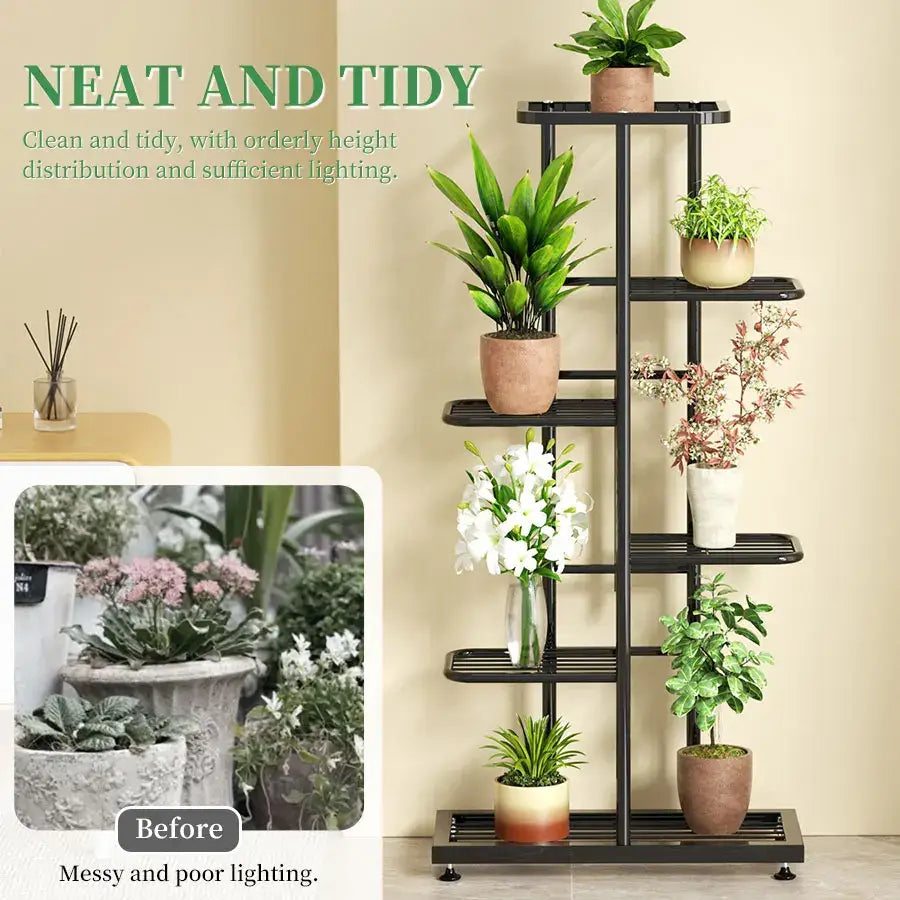 Decorbites™ black iron plant stand with five tiers holding terracotta and ceramic potted plants on iron plant shelves