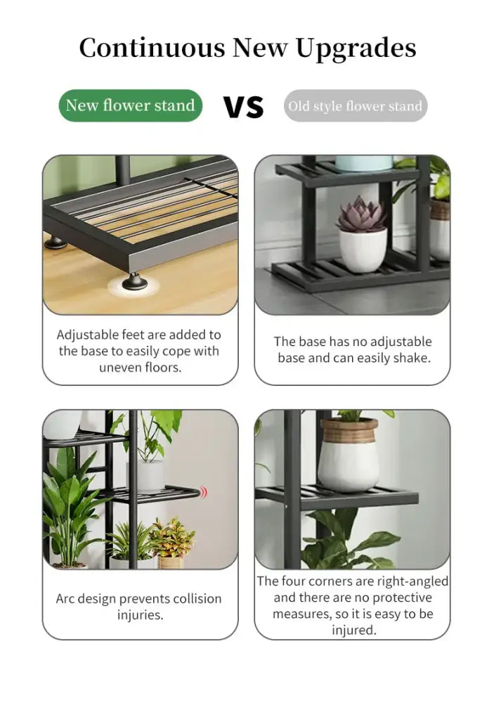 Black metal iron plant stand with adjustable feet and right-angled corners for multiple pots from decorbites