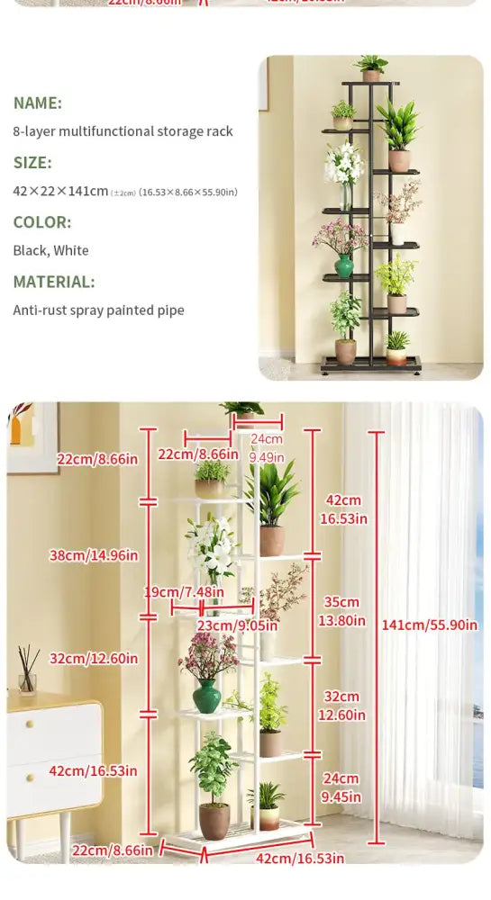 Black and white 8-layer iron plant stand with anti-rust spray painted pipe for multiple pots by DecorBites