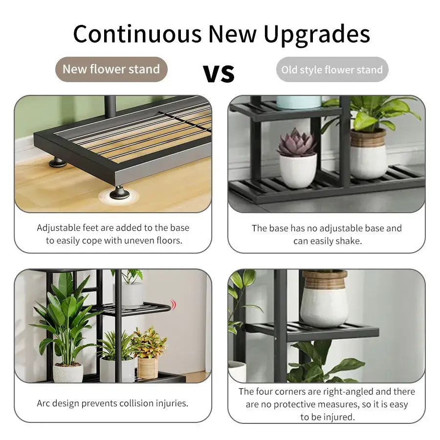 Modern black iron plant stand by DecorBites with adjustable feet and arc design for stable plant display