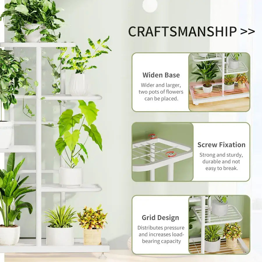 White metal iron plant stand with multiple shelves and grid design for holding several pots by decorbites