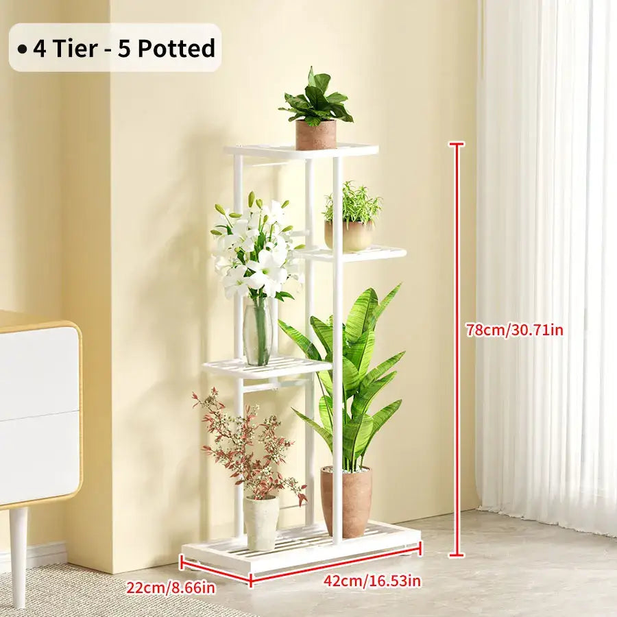 White metal iron plant stand with four tiers and five potted plants for indoor decorbites™ plant shelves iron