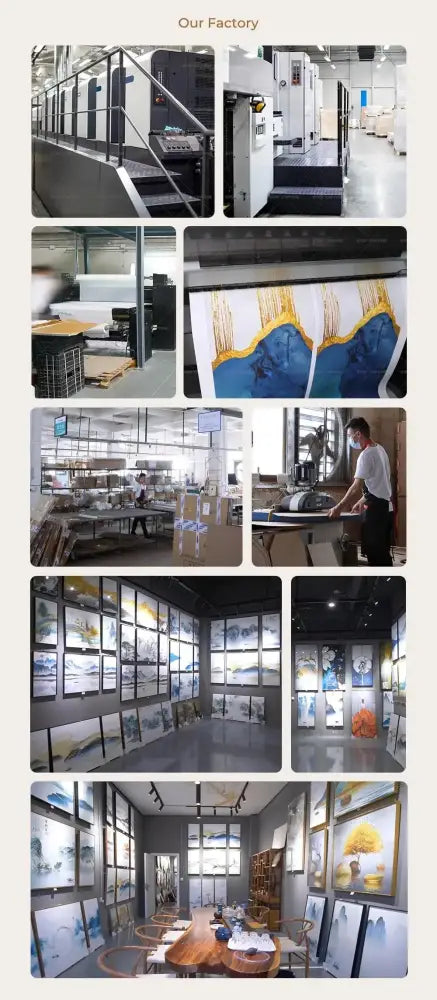 Interior of a factory with industrial printing machines producing decorbites™ islamic dhikr tasbih wall art set