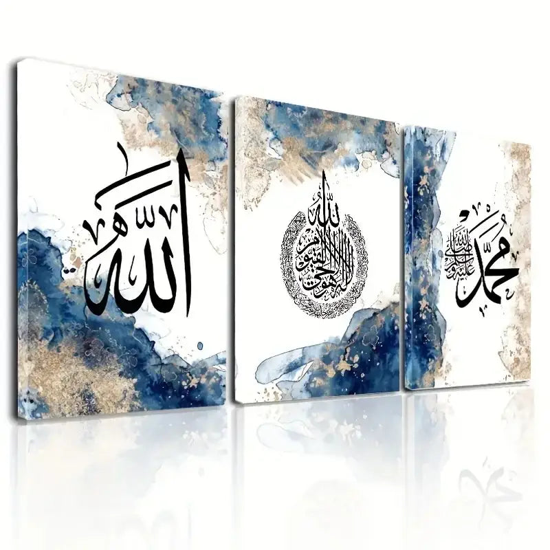 Three-panel canvas wall art set featuring elegant black arabic calligraphy with blue and gold watercolor accents for home decor