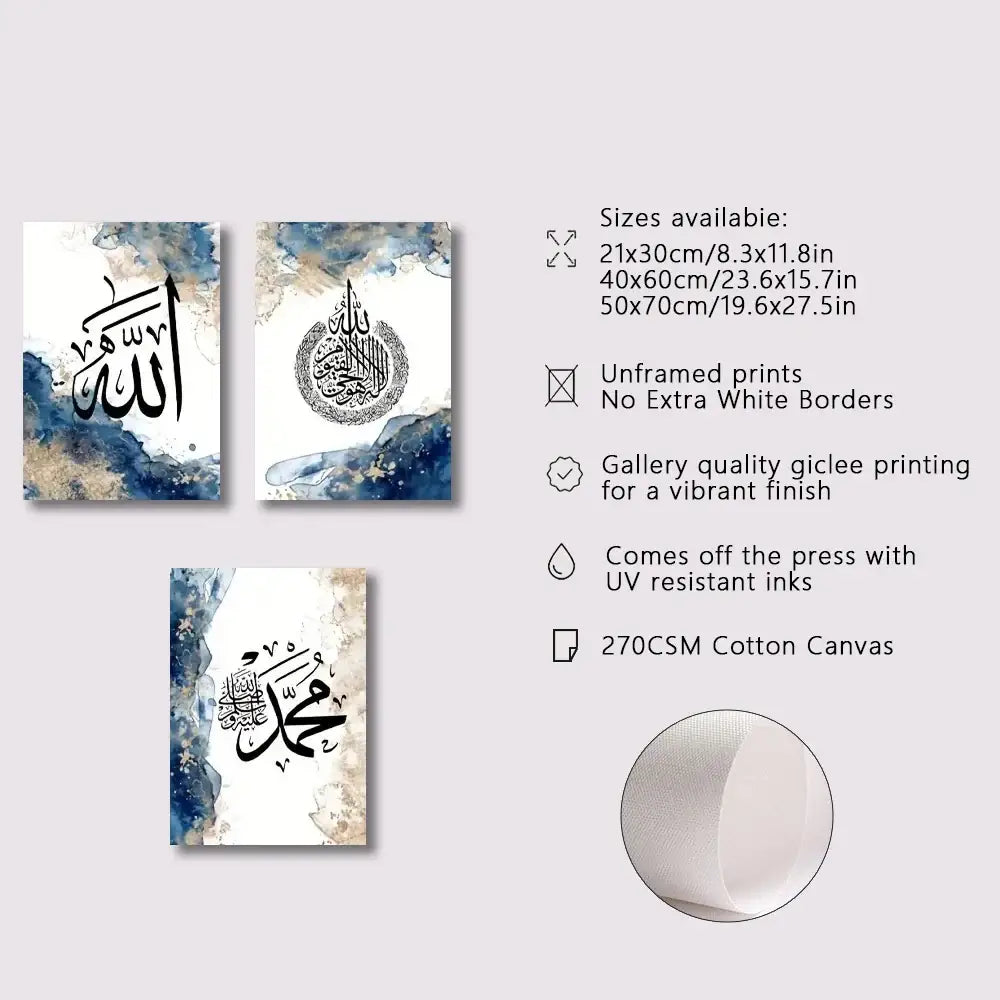 Decorbites™ islamic calligraphy wall art set of three unframed canvas prints with black arabic calligraphy on white background