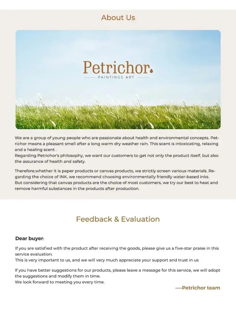 Petrichor logo in elegant brown serif font above green grass field for DecorBites™ islamic dhikr tasbih wall art set