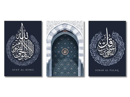 Set of three islamic canvas wall art prints featuring intricate white arabic calligraphy and arched doorway design on navy