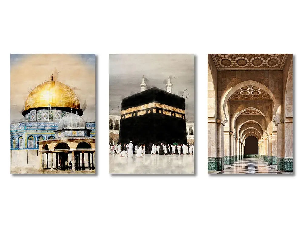 Set of three islamic canvas wall art featuring dome of the rock kaaba and ornate mosque corridor by decorbites