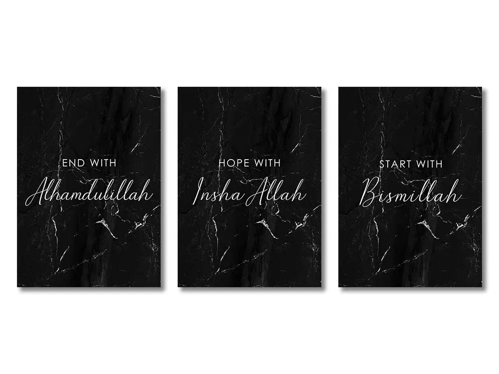 Set of three black marble-textured islamic gold black canvas wall art prints with white script phrases by DecorBites™