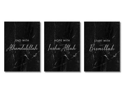 Set of three black marble textured islamic quran canvas wall art prints with white cursive script by decorbites