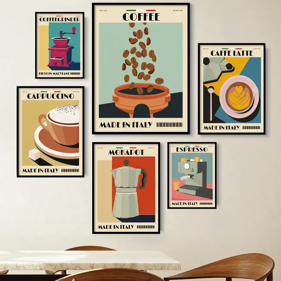 Set of six decorbites™ italian coffee wall art canvas prints featuring vintage espresso coffee pot and coffee pot beans designs