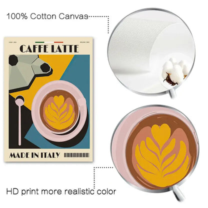 DecorBites™ italian coffee wall art canvas print features vintage caffè latte design on pink cup with espresso coffee pot tones