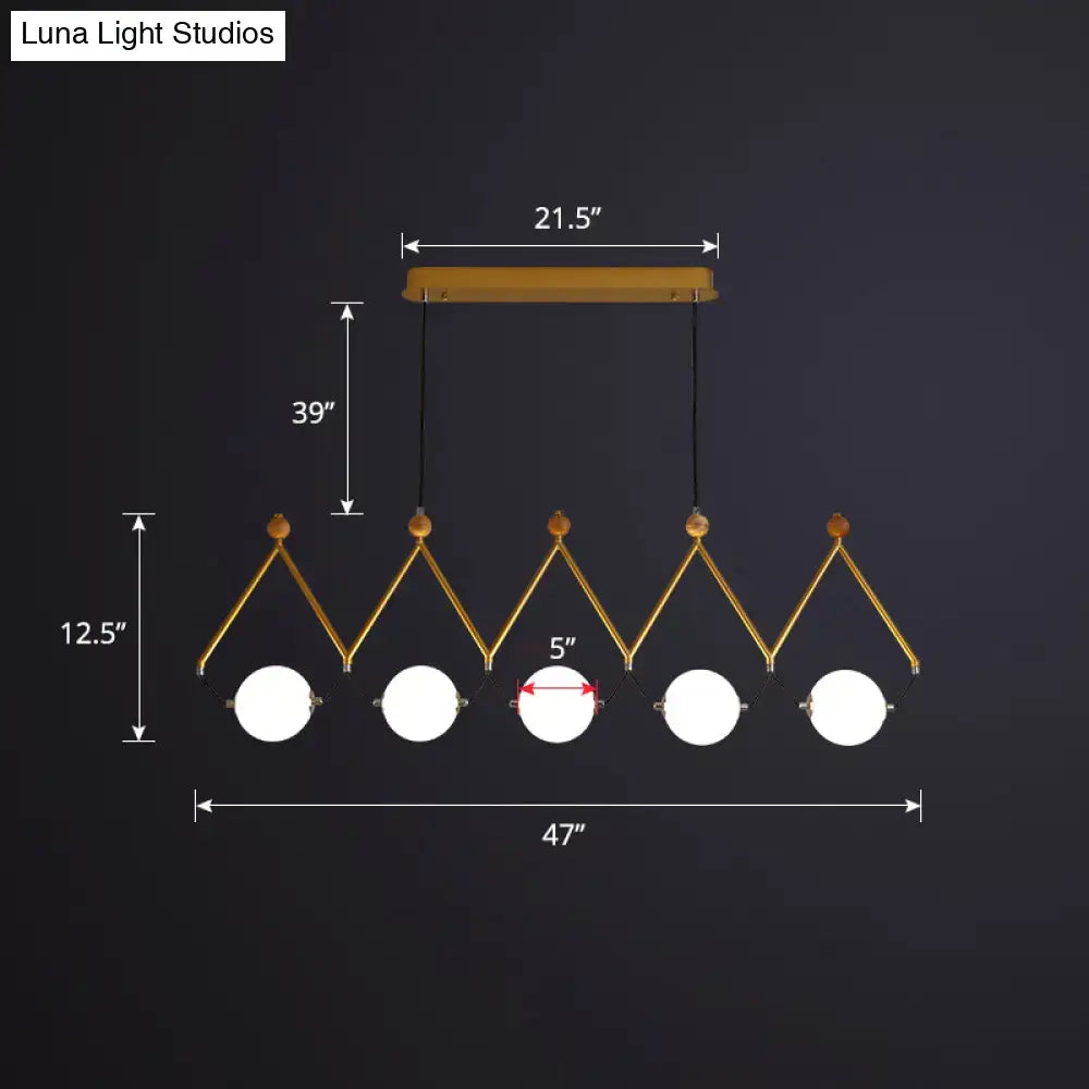 Decorbites™ ivory glass minimalist ball suspension light with gold-toned geometric frame and five white bulbs for restaurant suspension light