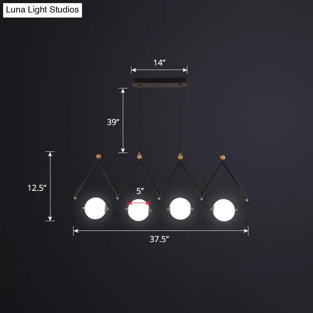 Modern black metal DecorBites™ suspension light with four white glass bulbs and wooden accents for restaurant use