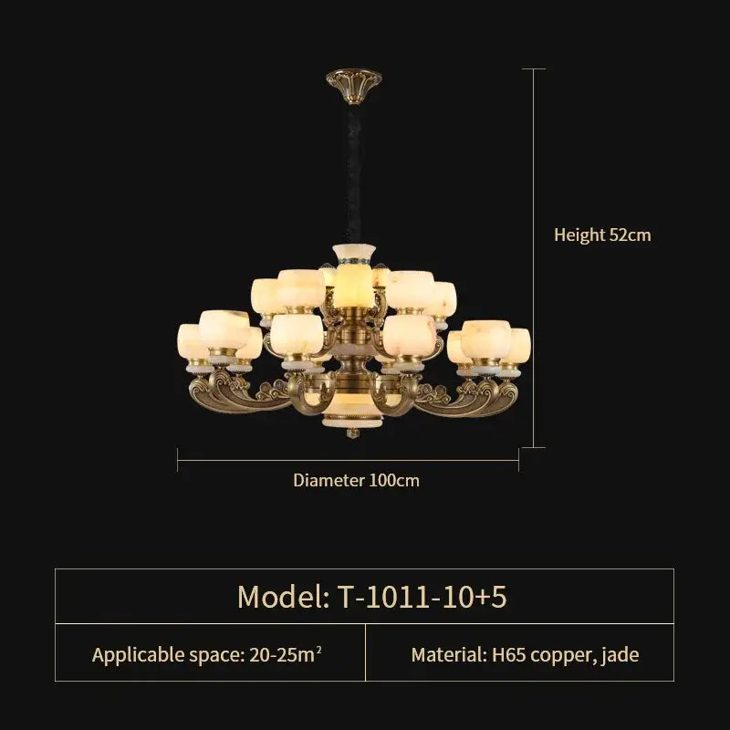 A luxurious decorbites jade chandelier with brass and jade materials featuring twelve warm glass shades for living rooms