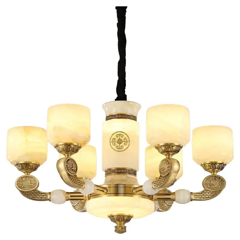 Gold-toned decorbites jade copper chandelier with frosted alabaster shades and ornate bronze detailing for living room use
