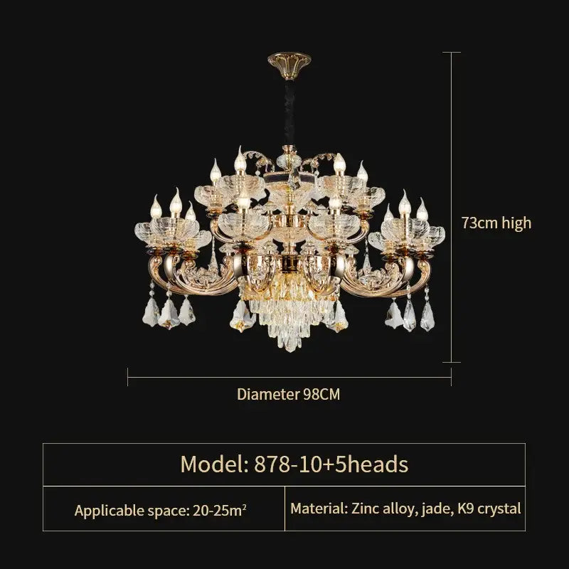 Elegant gold living room lamp decorbites jade crystal chandelier with zinc alloy, jade, and k9 crystal floral glass shades