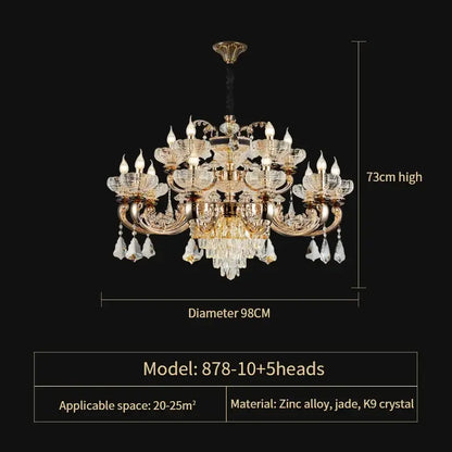 Elegant gold living room lamp decorbites jade crystal chandelier with zinc alloy, jade, and k9 crystal floral glass shades