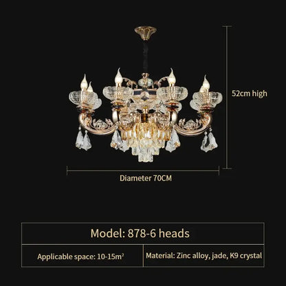 Elegant gold decorbites jade crystal chandelier with six candle-style lights and intricate jade k9 crystal accents for living room