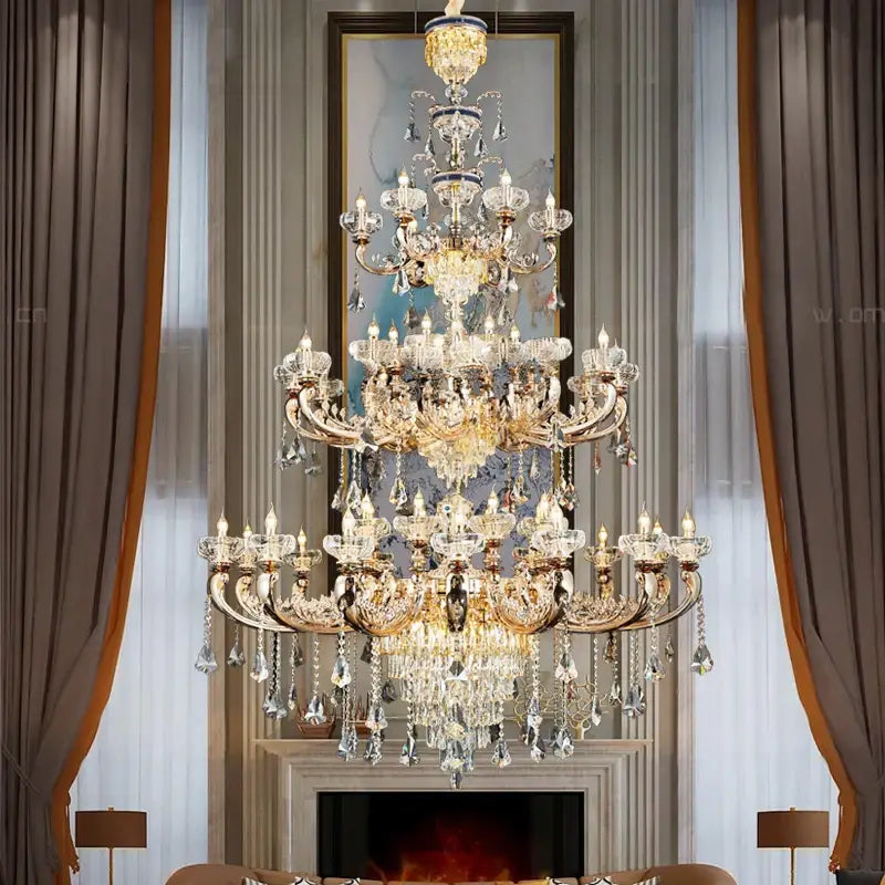 Decorbites jade crystal multi-tiered chandelier with gold-toned metalwork and clear crystals for living room lighting