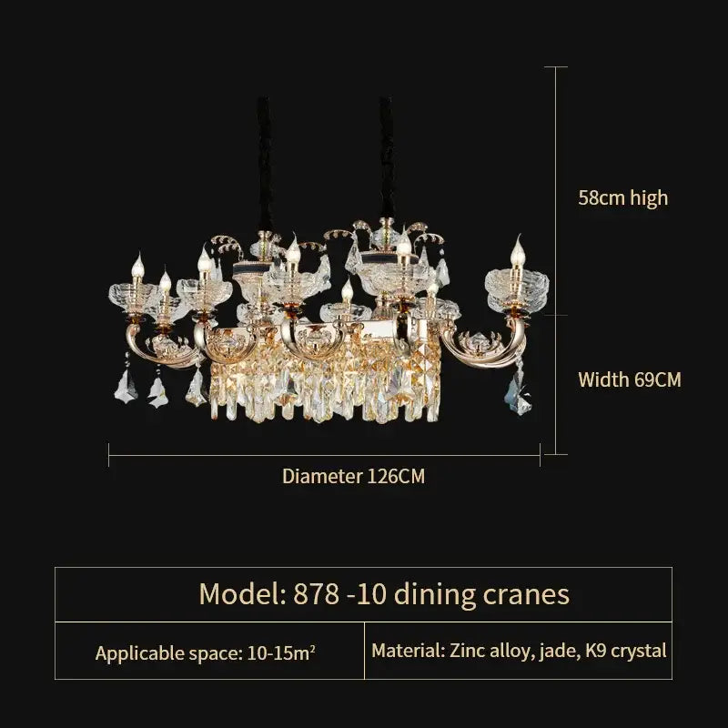 An ornate gold decorbites jade crystal chandelier with intricate k9 crystal droplets and candle-style lights for living rooms