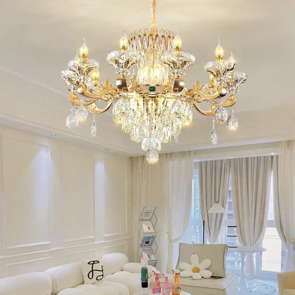Gold-toned decorbites jade crystal chandelier with intricate crystal droplets and lit bulbs for elegant living room decor