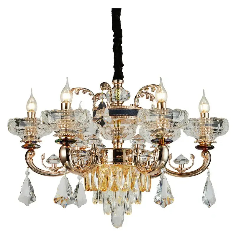 Gold-toned decorbites jade crystal chandelier with clear and amber crystal accents for elegant living room lighting