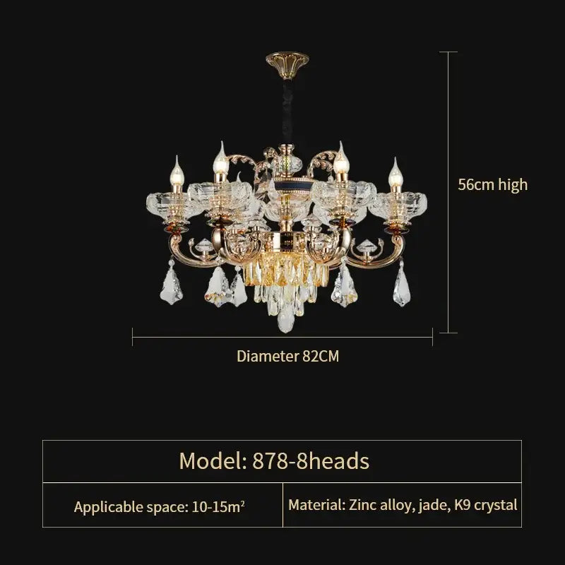 Gold-toned decorbites jade crystal chandelier with eight arms, crystal glass shades, and dangling k9 crystals for living rooms