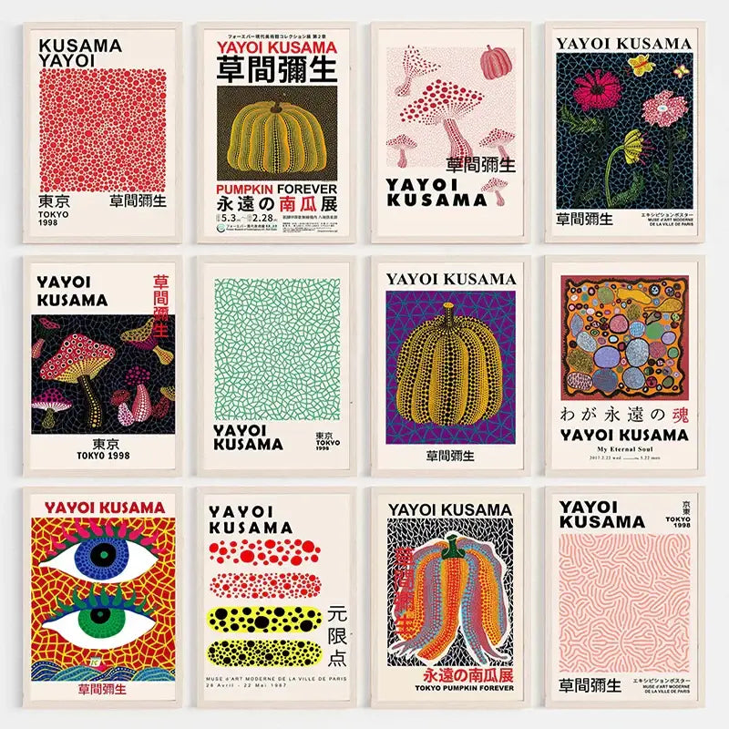 A collection of vibrant dot-patterned japanese abstract art canvas prints featuring yayoi kusama for home décor