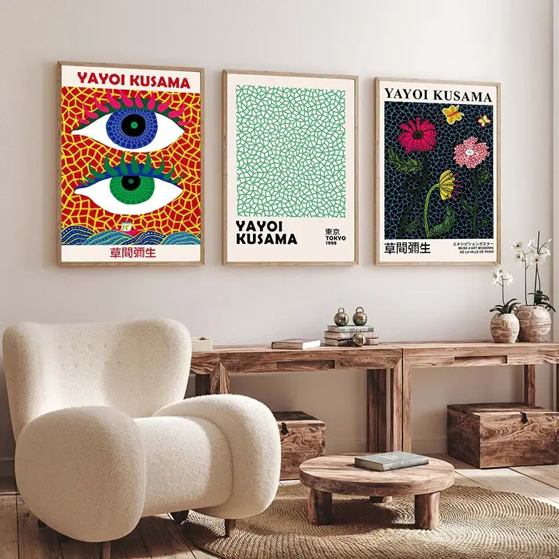 Cream-colored plush-furred armchair with rounded contours and wooden legs next to decorbites™ japanese abstract art canvas print