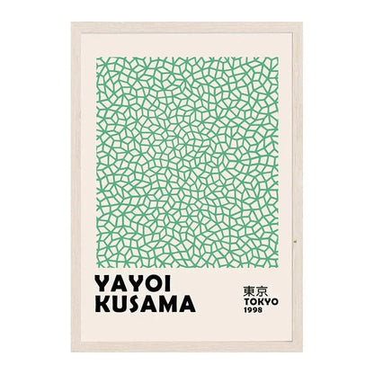 A framed DecorBites™ japanese abstract art canvas print with a green geometric pattern and black text on off-white background