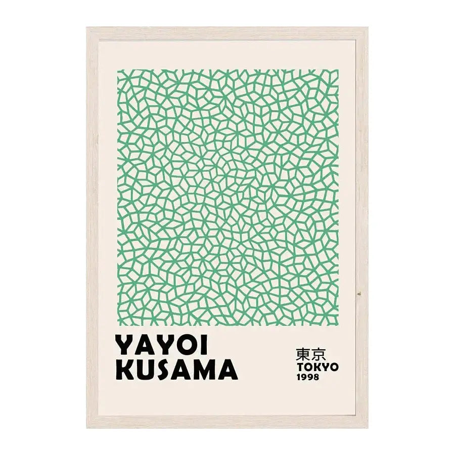 A framed DecorBites™ japanese abstract art canvas print with a green geometric pattern and black text on off-white background