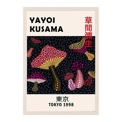A framed DecorBites™ canvas print featuring yayoi kusama Japanese abstract art mushrooms in red pink and yellow