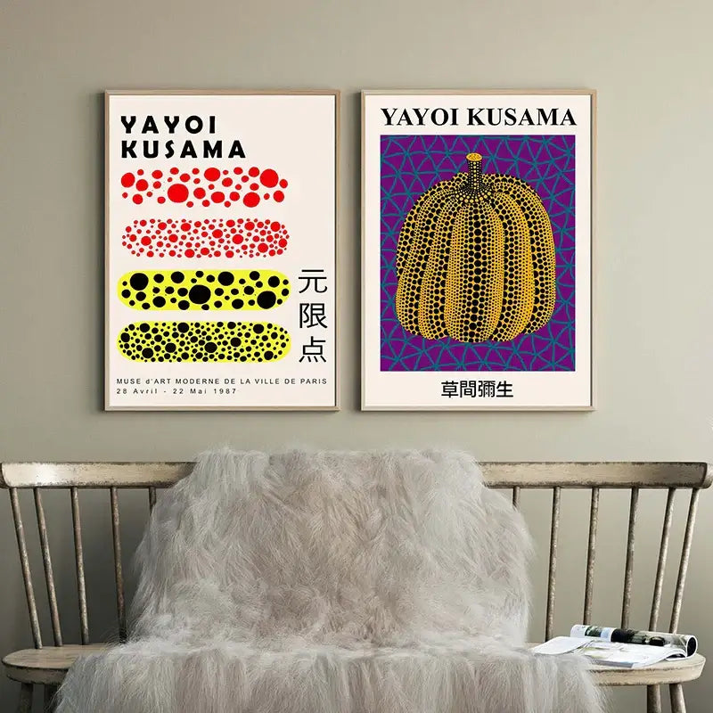 Two framed decorbites™ japanese abstract art canvas prints featuring yayoi kusama polka dots and golden pumpkin designs