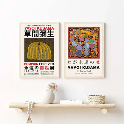 Two framed DecorBites™ japanese abstract art prints featuring yayoi kusama pumpkins and colorful circles on canvas