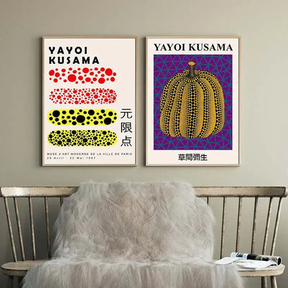 Two framed DecorBites™ japanese abstract art prints featuring yayoi kusama polka dots and a golden pumpkin design
